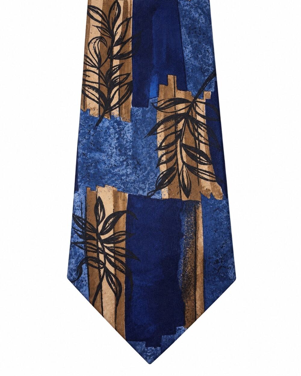 Vintage Farah 100% Silk Necktie Blue Tan Abstract Botanical Made in USA